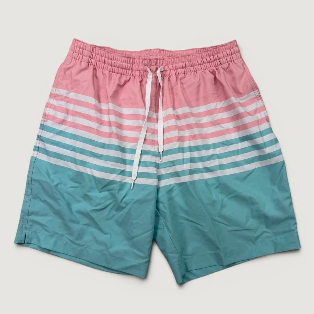 Chubbies Mens Large Swim Trunks Pink Teal Striped 7 Inch Inseam Shorts